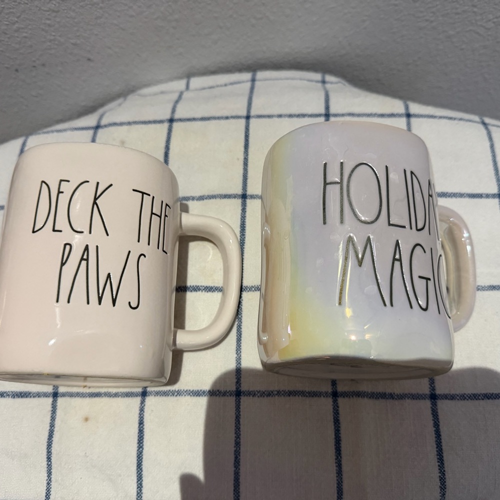 Rae Dunn Cream and Multicolor Mugs - Deck the Paws & Holiday Magic